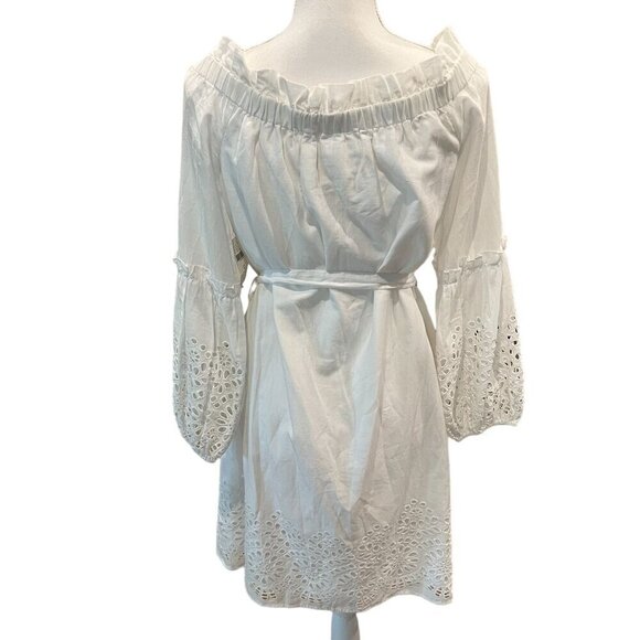 Anthropologie White Cotton Eyelet Lantern Sleeve Off-Shoulder Boho Dress Sz 12 - Picture 5 of 16